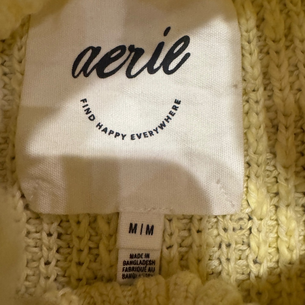 Aerie Women Yellow Cotton Chunky Popcorn Knit Mock Neck Sweater Size Medium - Picture 5 of 8